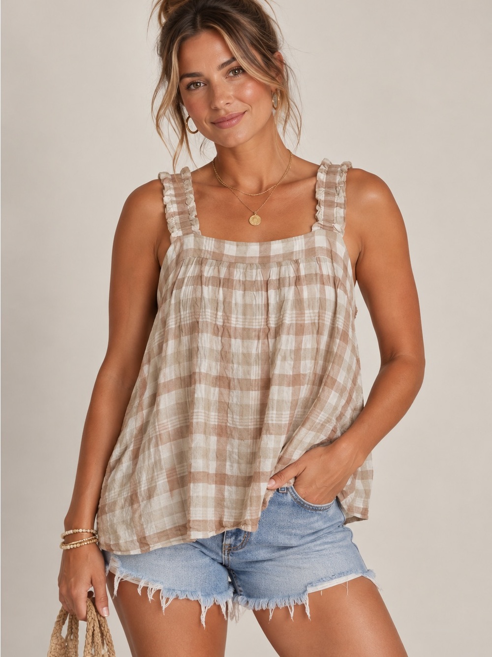 JANE & DELANCEY • neutral plaid/gingham sleeveless swing tank top size large